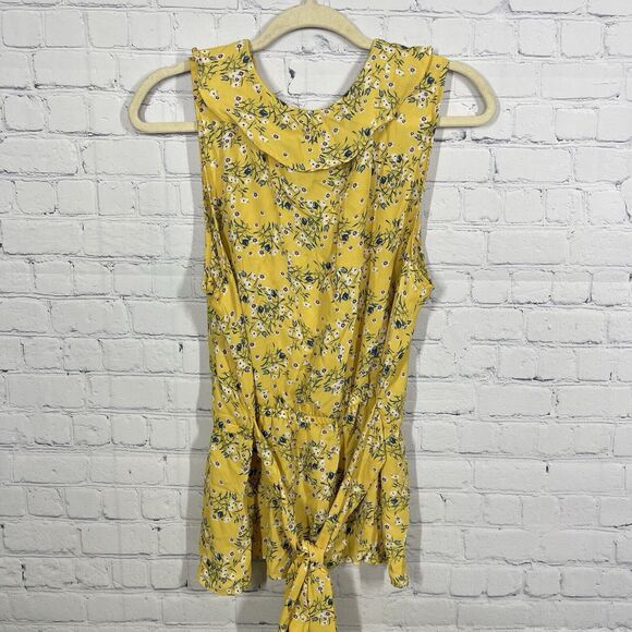 Max Studio Blouse Womens XL Yellow Floral Daisy Waist Belted Prairy Bohemian Top - Picture 2 of 12